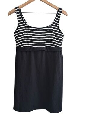 Lands’ End Swim Dress Striped Black White One Piece Size 12L Beach Resortwear